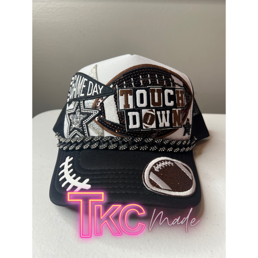 Football trucker hat with bling Touch Down with bling hat chain