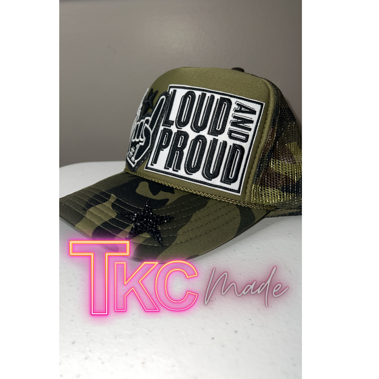 Green Camo Football Mama black trucker hat custom  player number option and bling chain