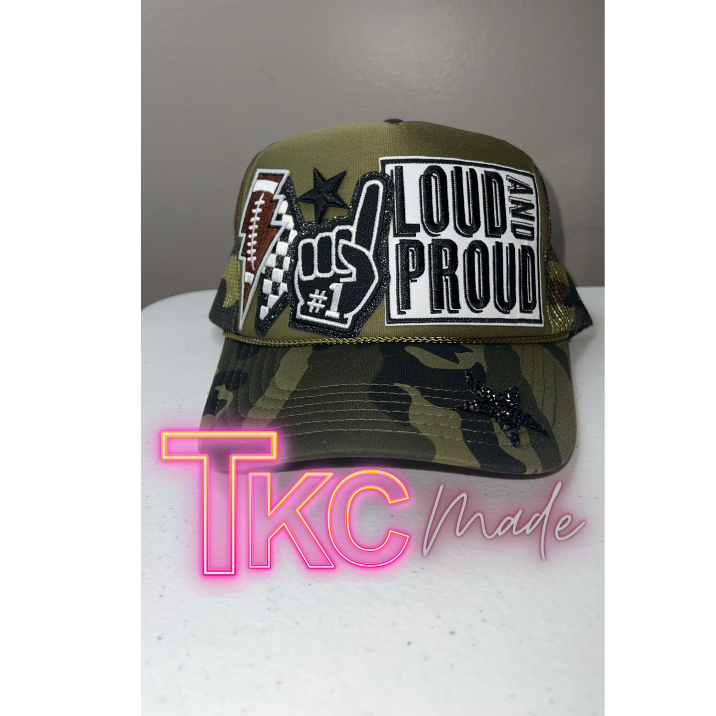 Green Camo Football Mama black trucker hat custom  player number option and bling chain