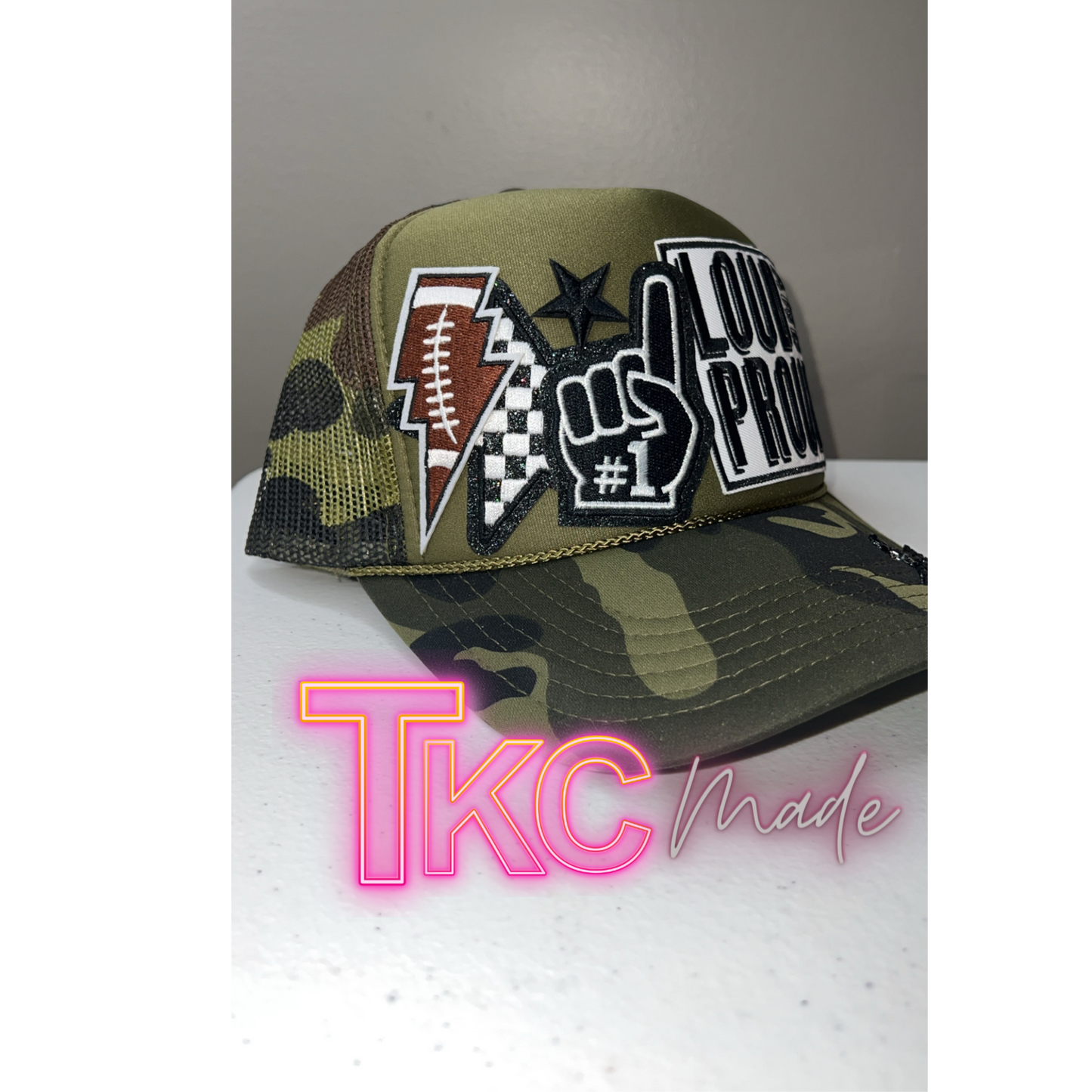 Green Camo Football Mama black trucker hat custom  player number option and bling chain