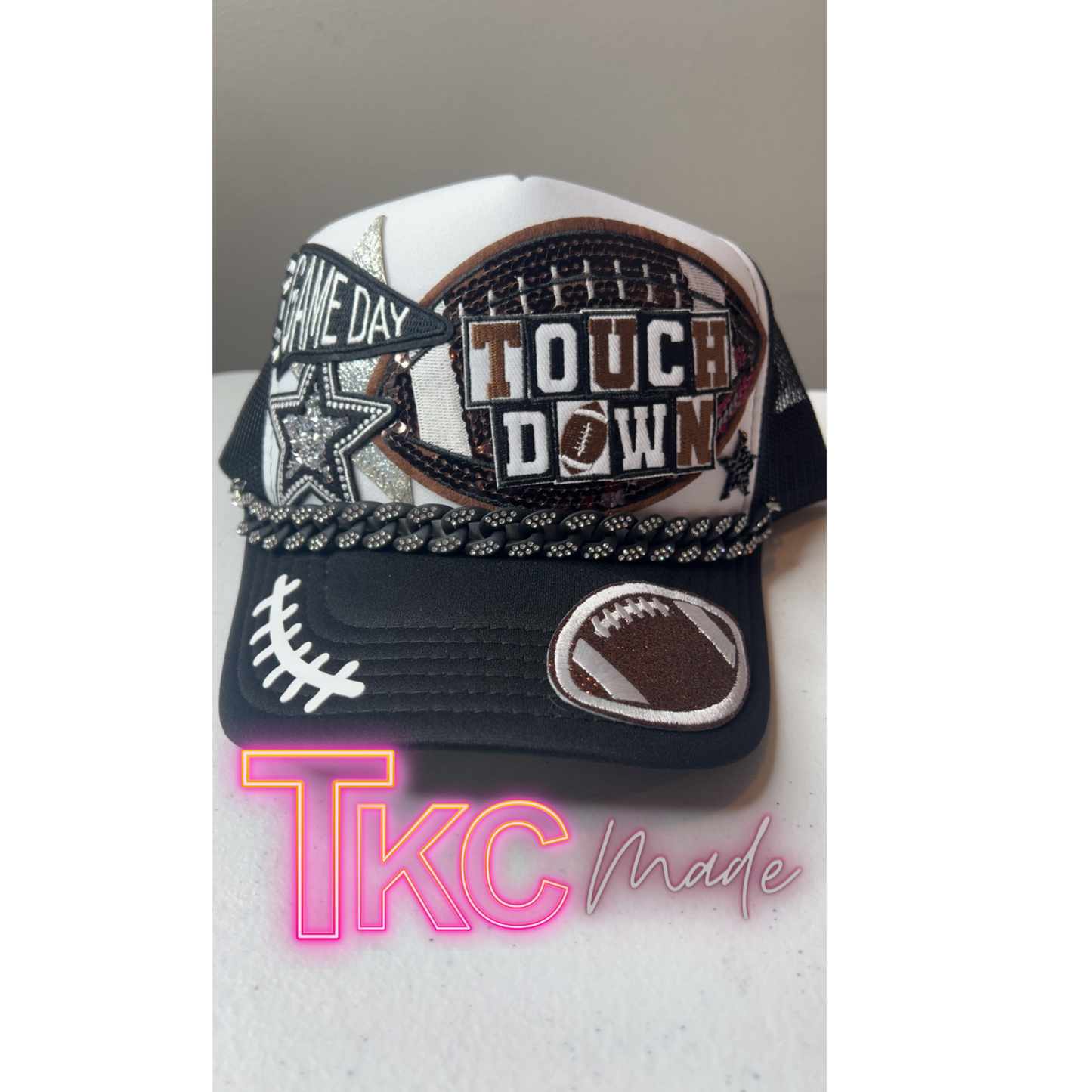 Football trucker hat with bling Touch Down with bling hat chain