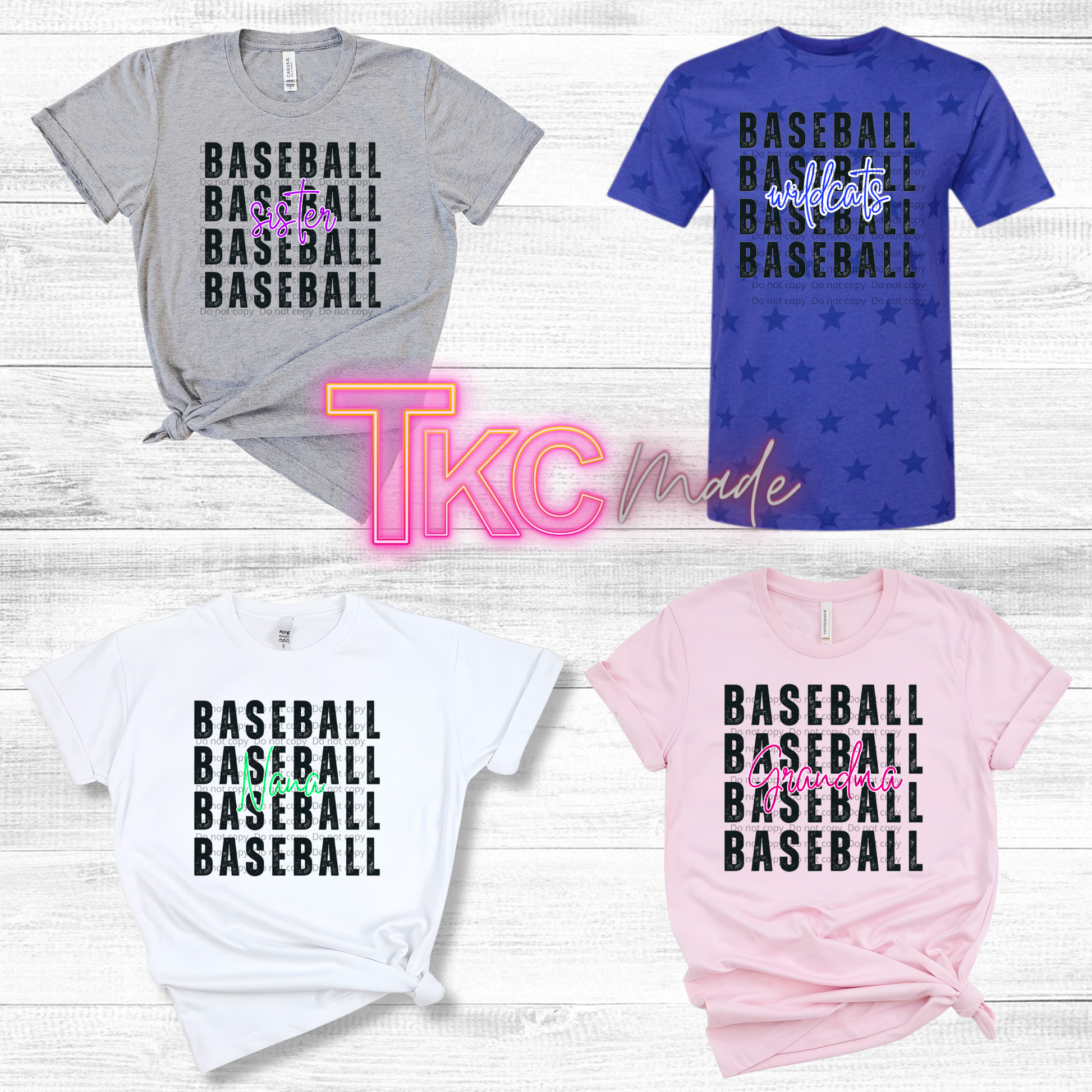 Four t-shirts with 'BASEBALL' text in different colors on a wooden surface.