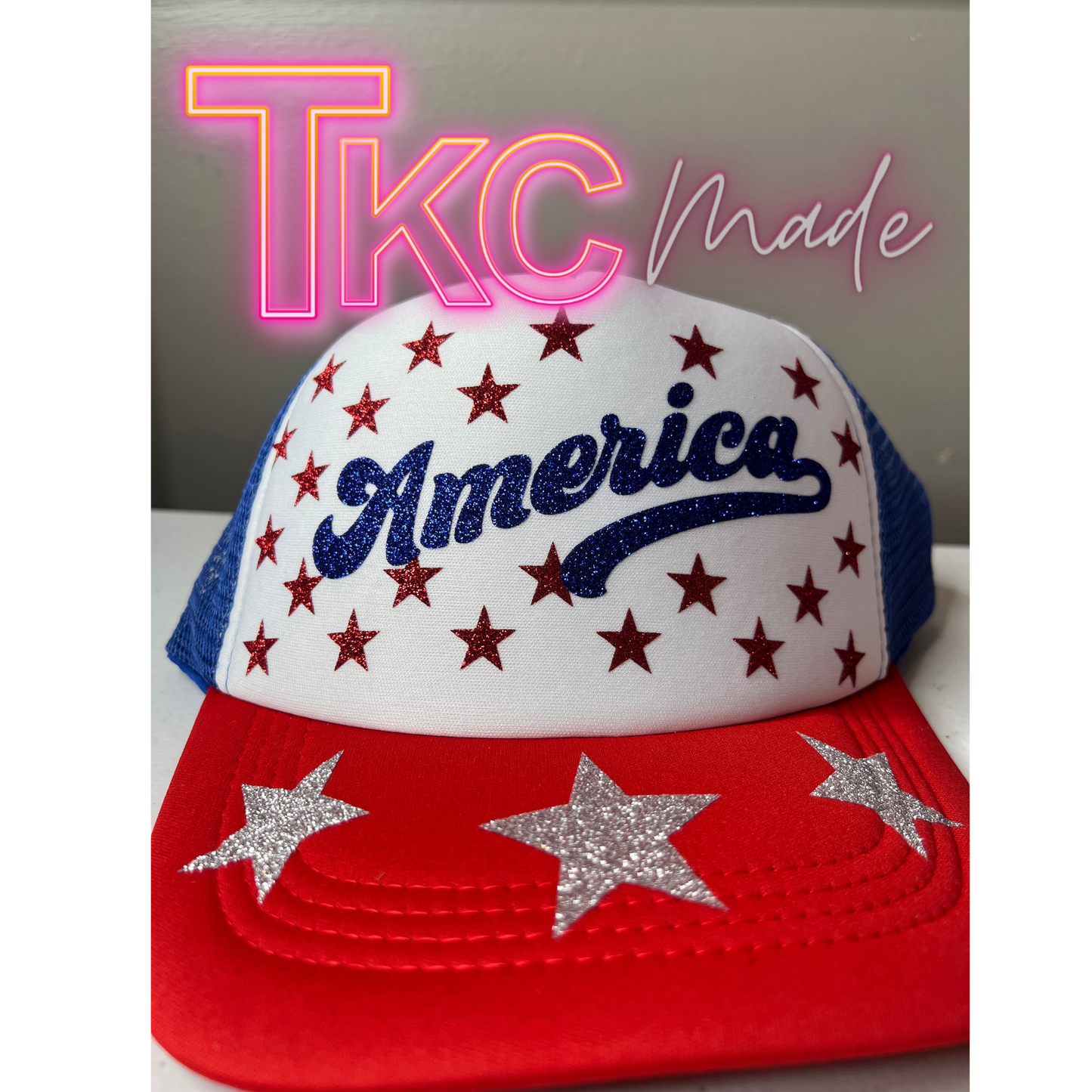 America  star glitter trucker hat- red bill with blue mesh back
