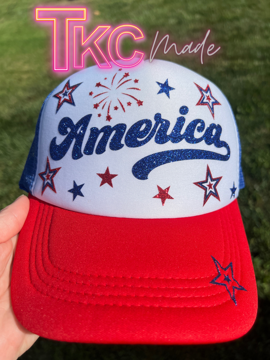 America glitter trucker hat- red bill with blue mesh back
