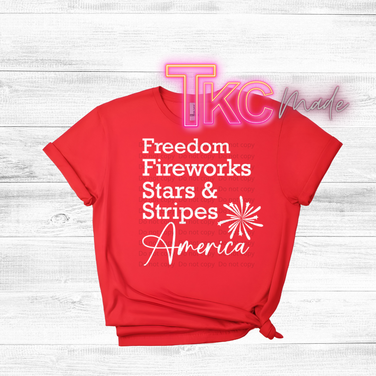 Red t-shirt with white text and a star design on a light wooden surface, featuring 'Tikc Made' branding.