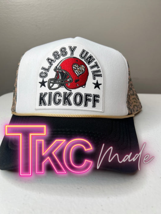 Classy until kickoff leopard print mesh back trucker hat