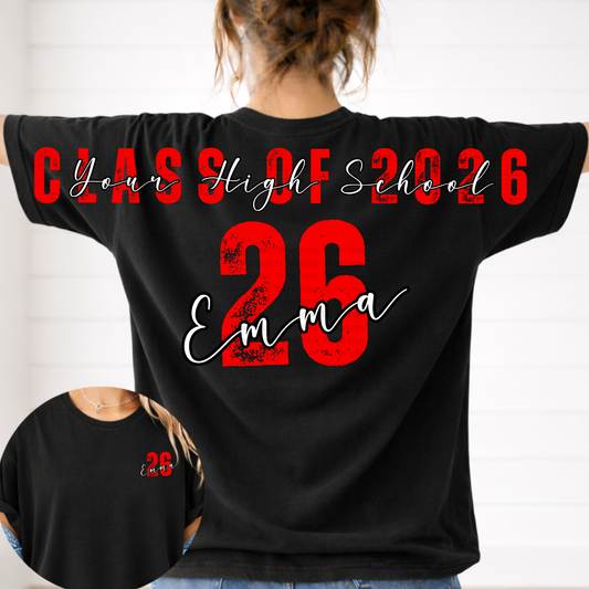 Black t-shirt with 'Class of 2026' and 'Emma' printed on the back, worn by a person.