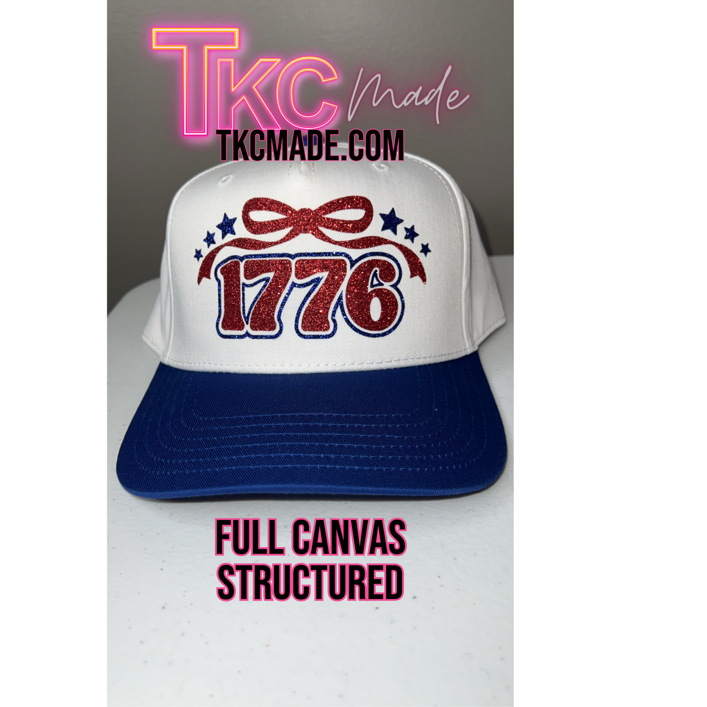Trucker hat with '1776' design and 'TKC Made' branding on a gray background