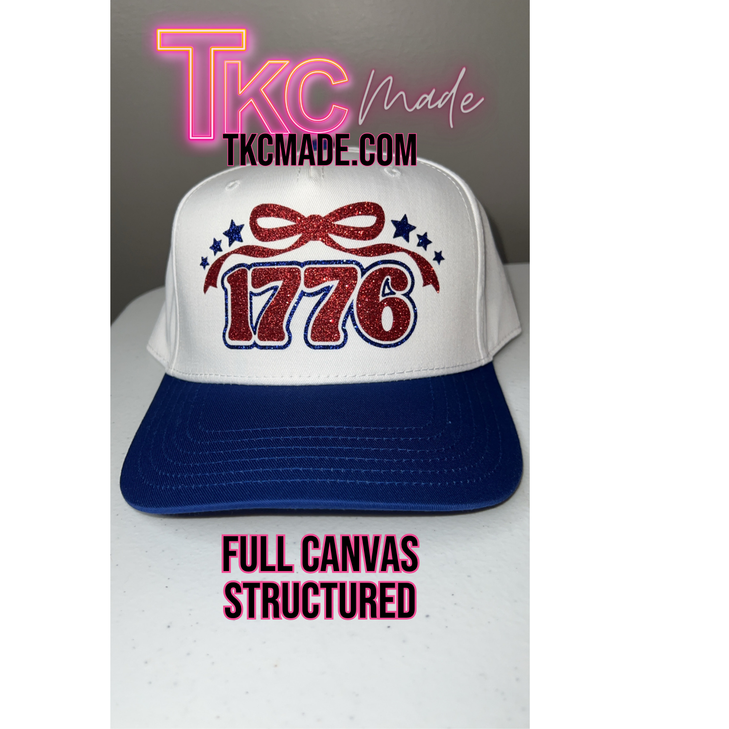 Trucker hat with '1776' design and 'TKC Made' branding on a gray background