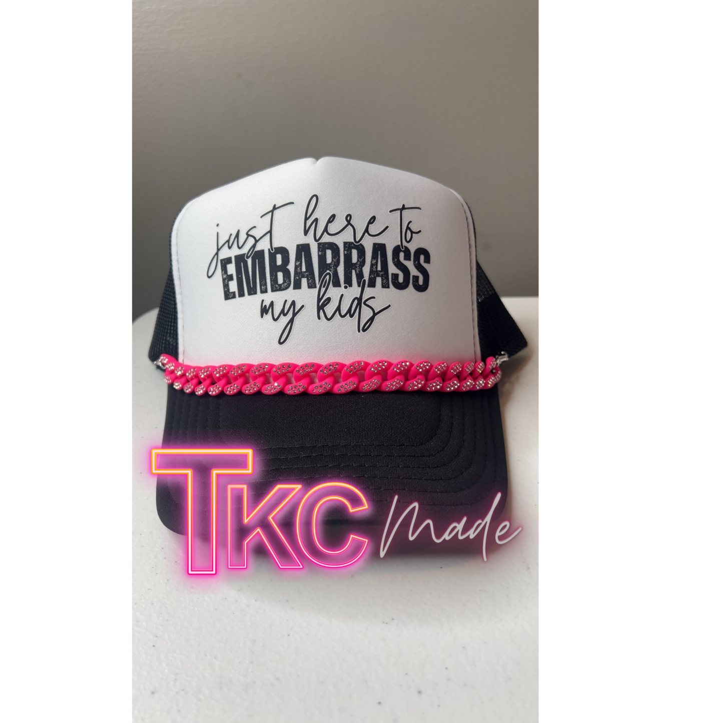 Just here to embarrass my kids with pink rhinestone hat chain