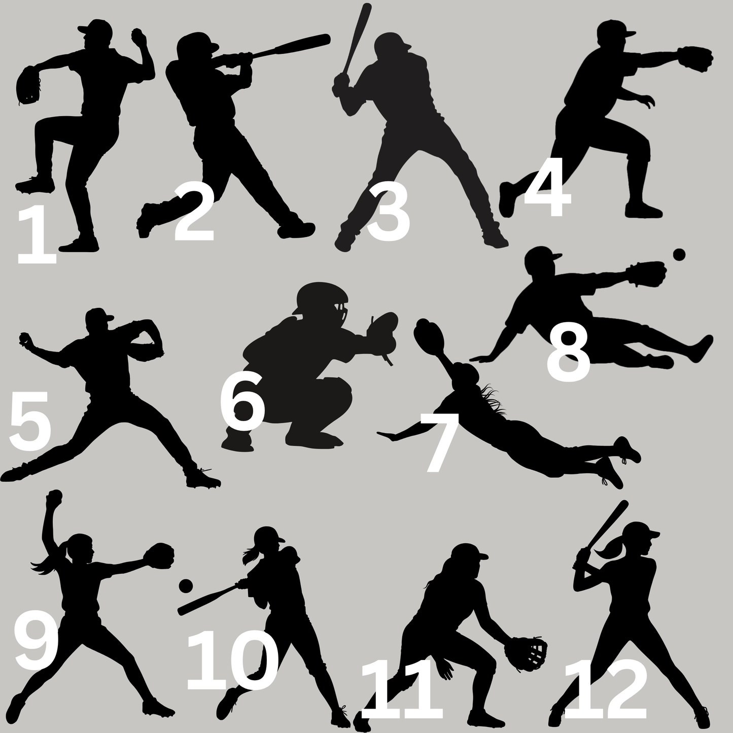 Silhouettes of baseball players in various positions with numbers on a gray background