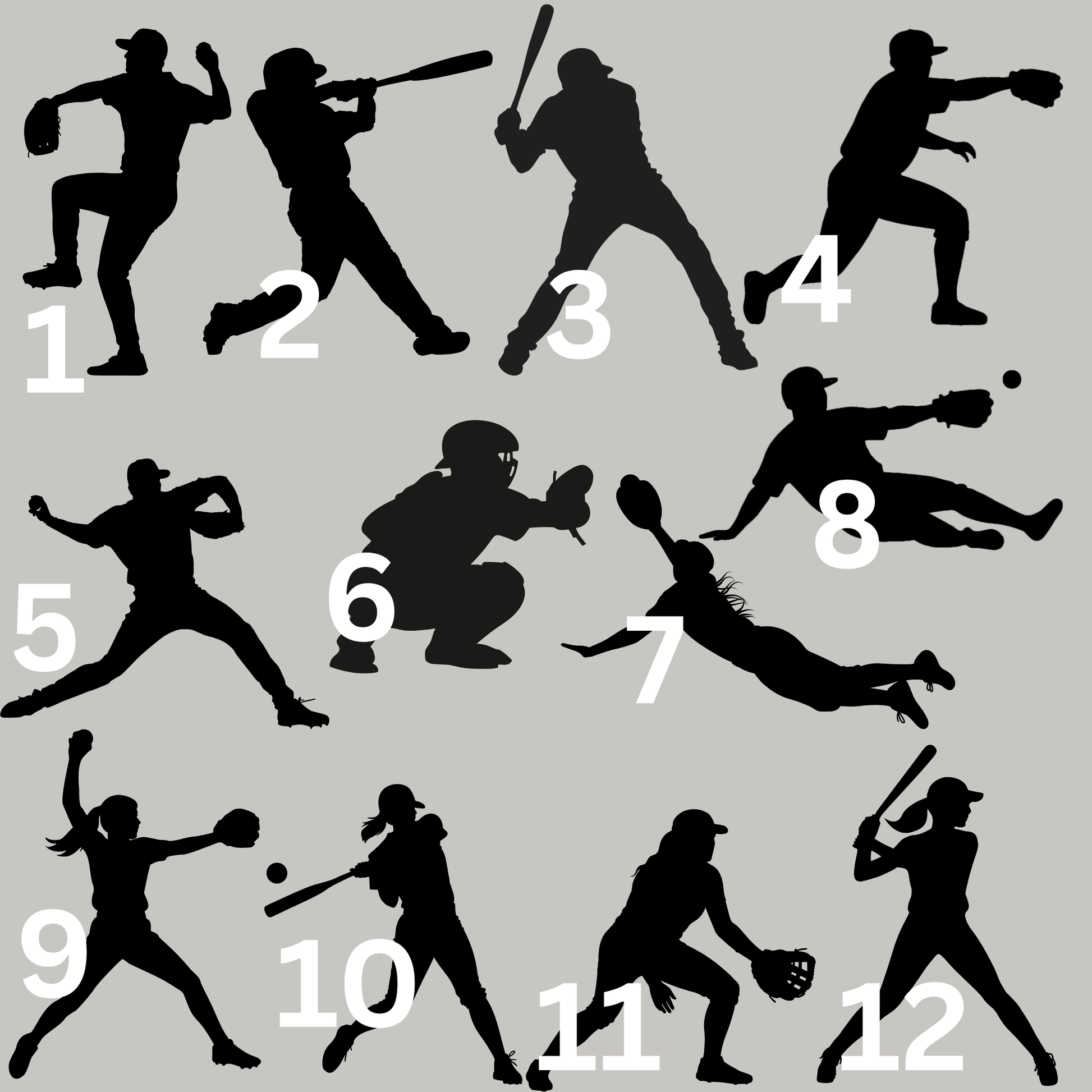 Silhouettes of baseball players in various positions with numbers on a gray background