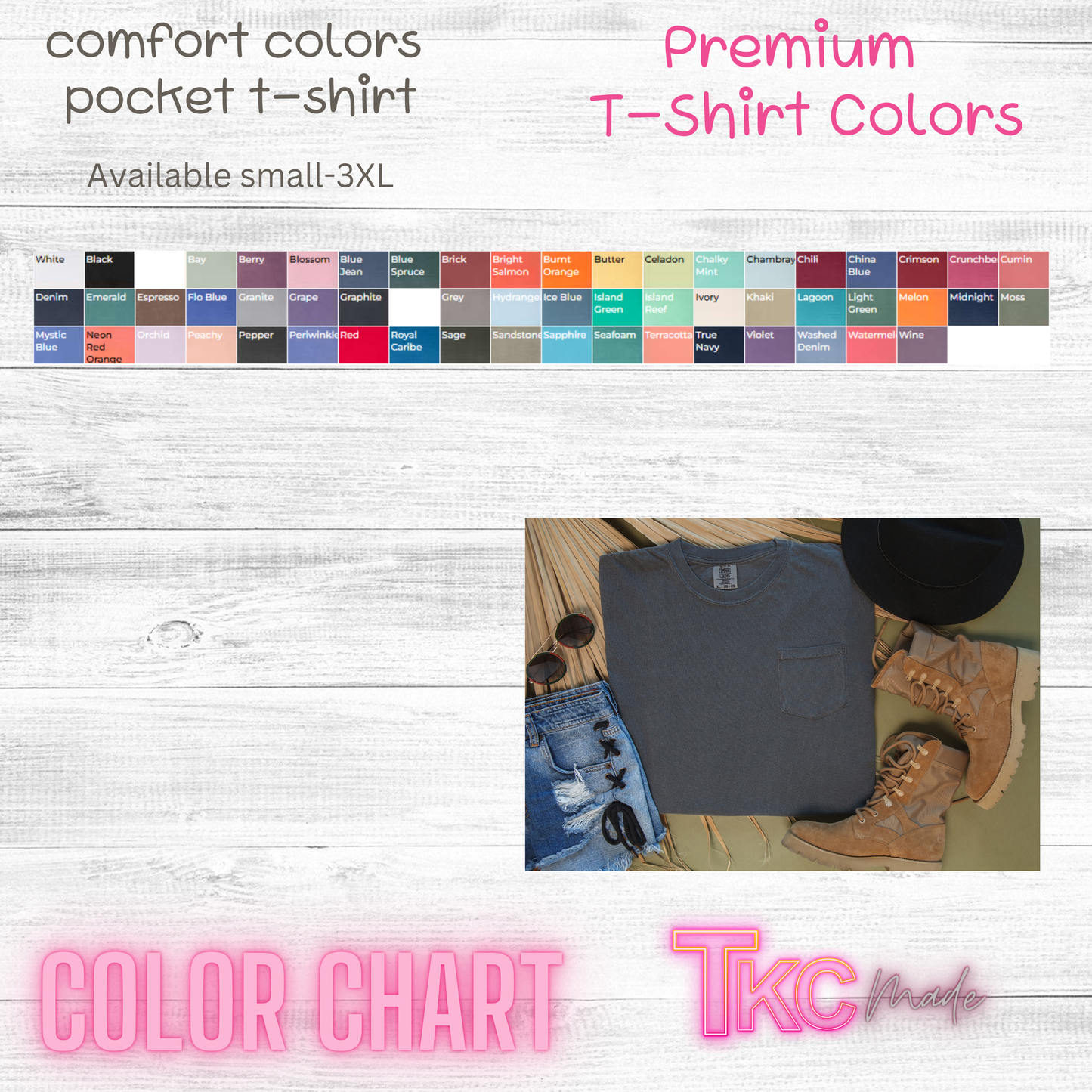 Color chart for a gray t-shirt with a sample shirt on a wooden floor.