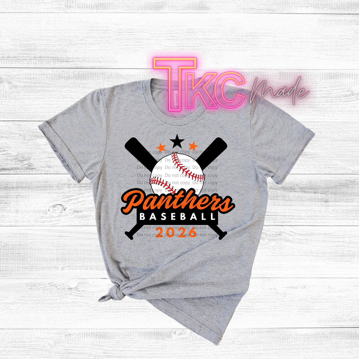 Gray t-shirt with Panthers Baseball 2026 design on a wooden surface