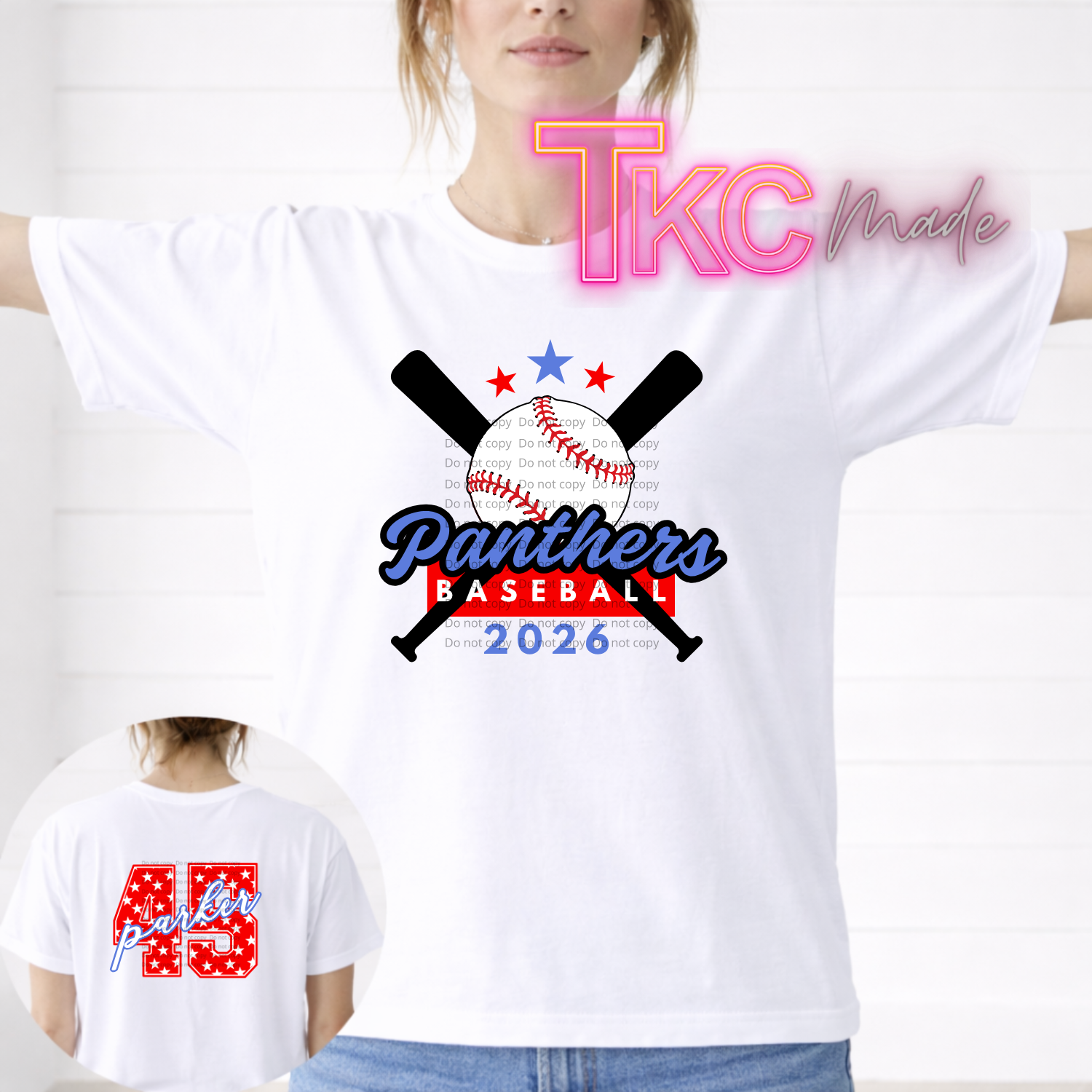 White t-shirt with 'Panthers Baseball 2026' design and 'TKC Made' text.