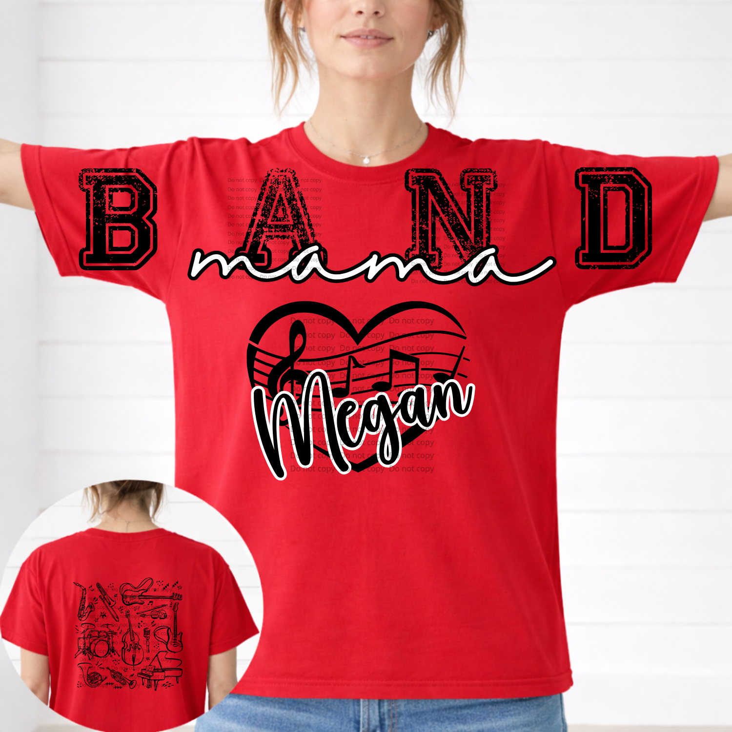 Red t-shirt with 'BAND mama Megan' design on a white background