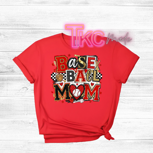 Red t-shirt with 'Baseball Mom' design on a white wooden background