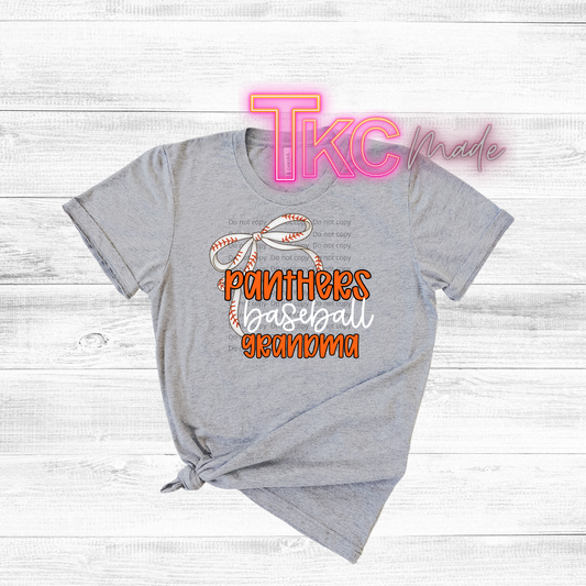 Gray t-shirt with 'Panthers Baseball Grandma' text and logo on a light wooden background