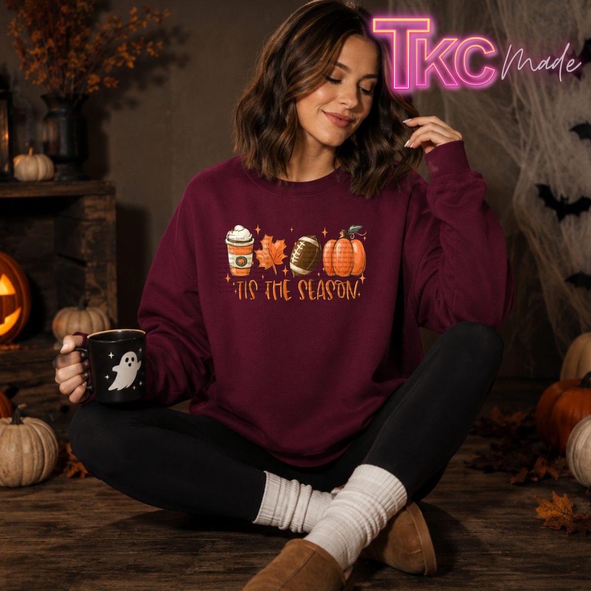 'tis the season with a coffee, football and pumpkin on a maroon sweatshirt 
