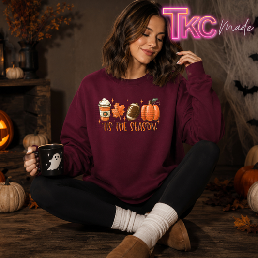 'tis the season with a coffee, football and pumpkin on a maroon sweatshirt 