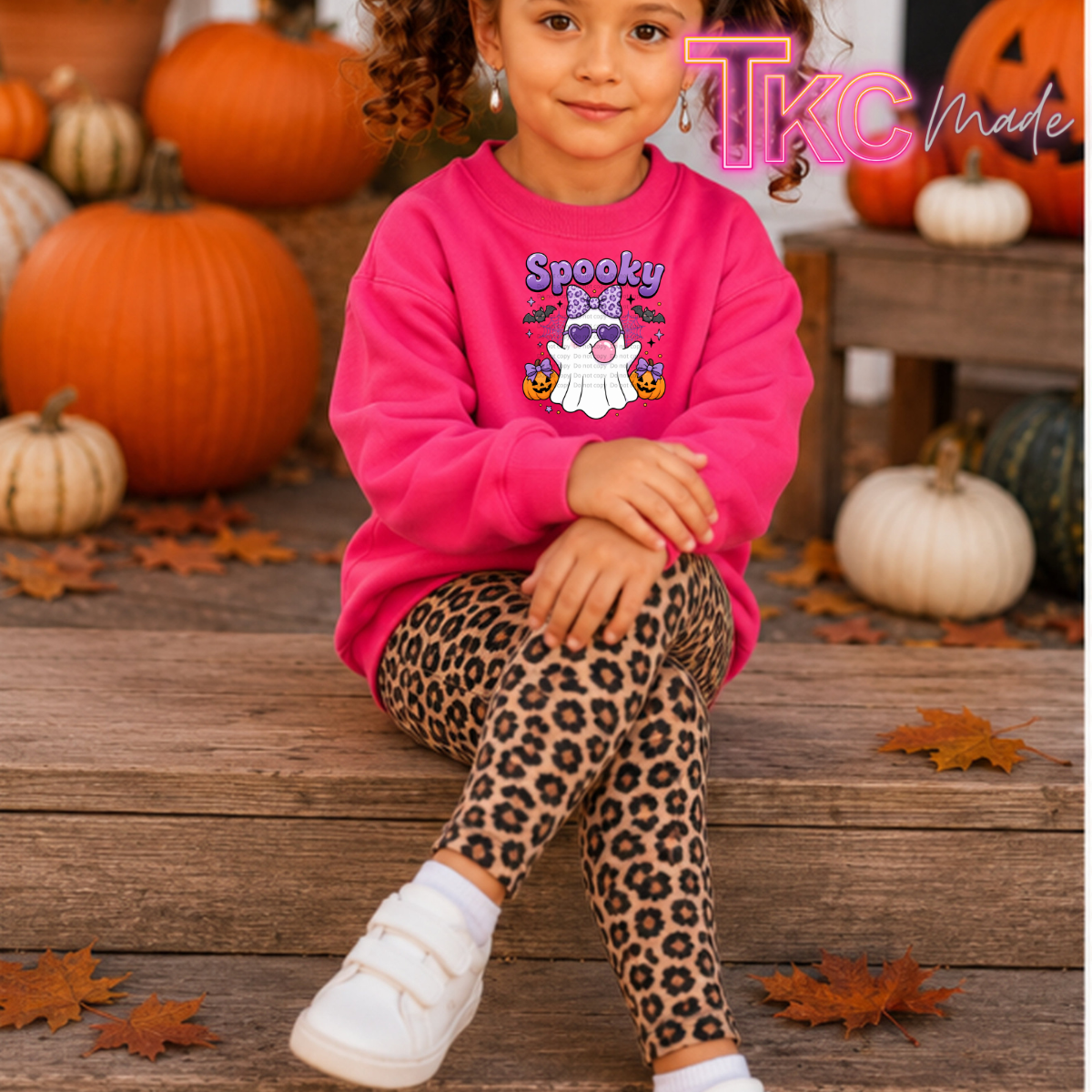 A young girl sitting on a rustic wooden porch decorated with pumpkins and autumn leaves, wearing a hot pink crewneck sweatshirt with a 'Spooky' cartoon ghost graphic and leopard-print leggings.