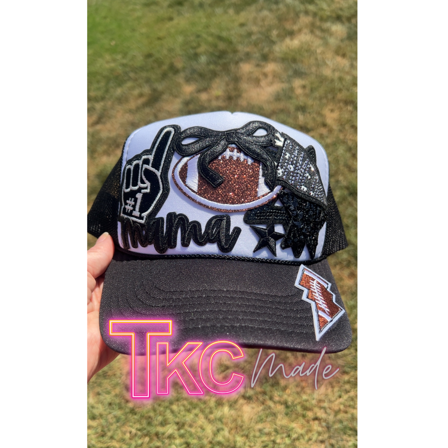 Football Mama black trucker hat custom  player number option bling hat