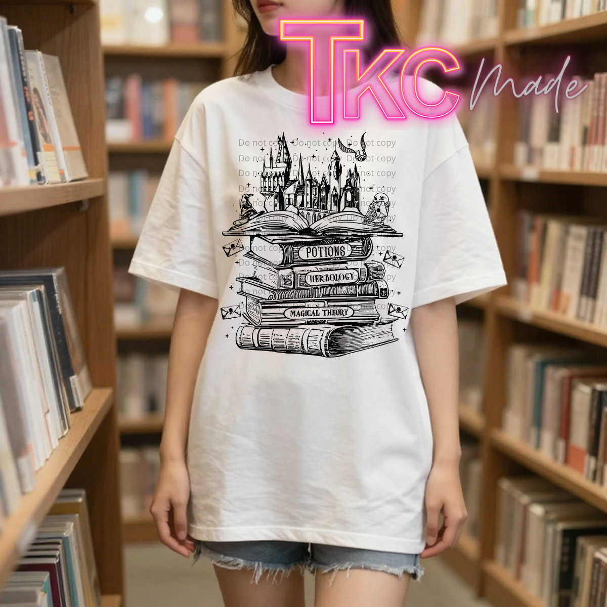 Person wearing a white t-shirt with a book-themed design in a library setting