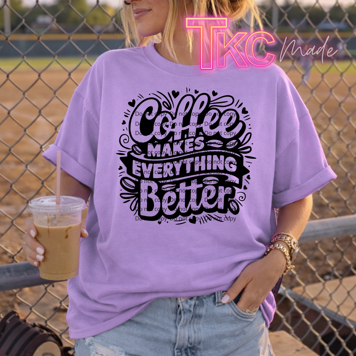 coffee makes everything better on a purple tee