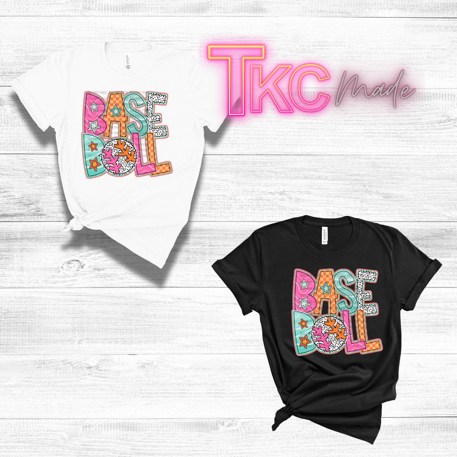 Two t-shirts with colorful 'BASEBALL' design on a white wooden surface, featuring 'TKC made' text.