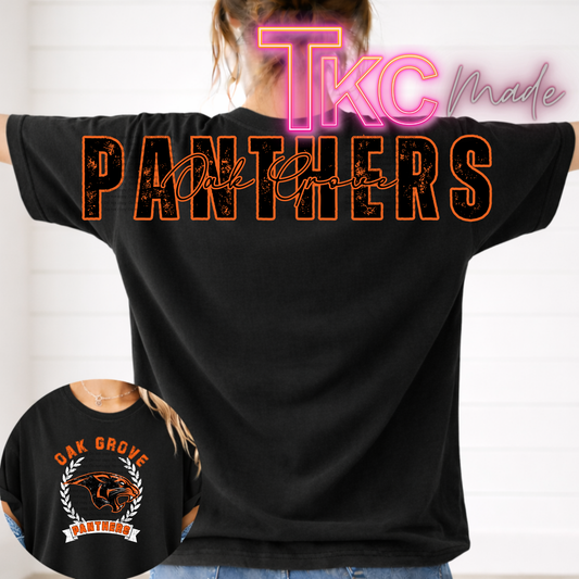 Person wearing a black t-shirt with 'Oak Grove Panthers' text, with a smaller inset of the same design.