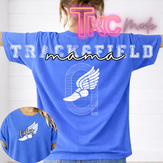 Blue t-shirt with 'Track & Field Mama' design and 'Tkc Made' branding.