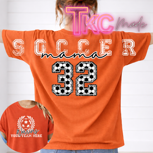 Orange t-shirt with 'Soccer Mama 32' design and additional text on a white background