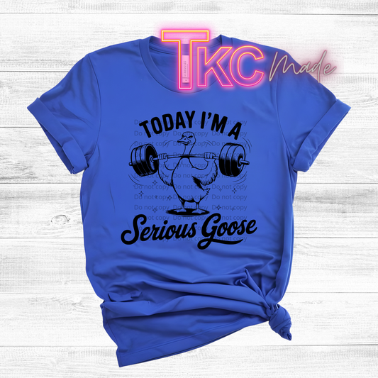 Blue t-shirt with a graphic of a goose lifting weights and text 'Today I'm a Serious Goose' on a white background.