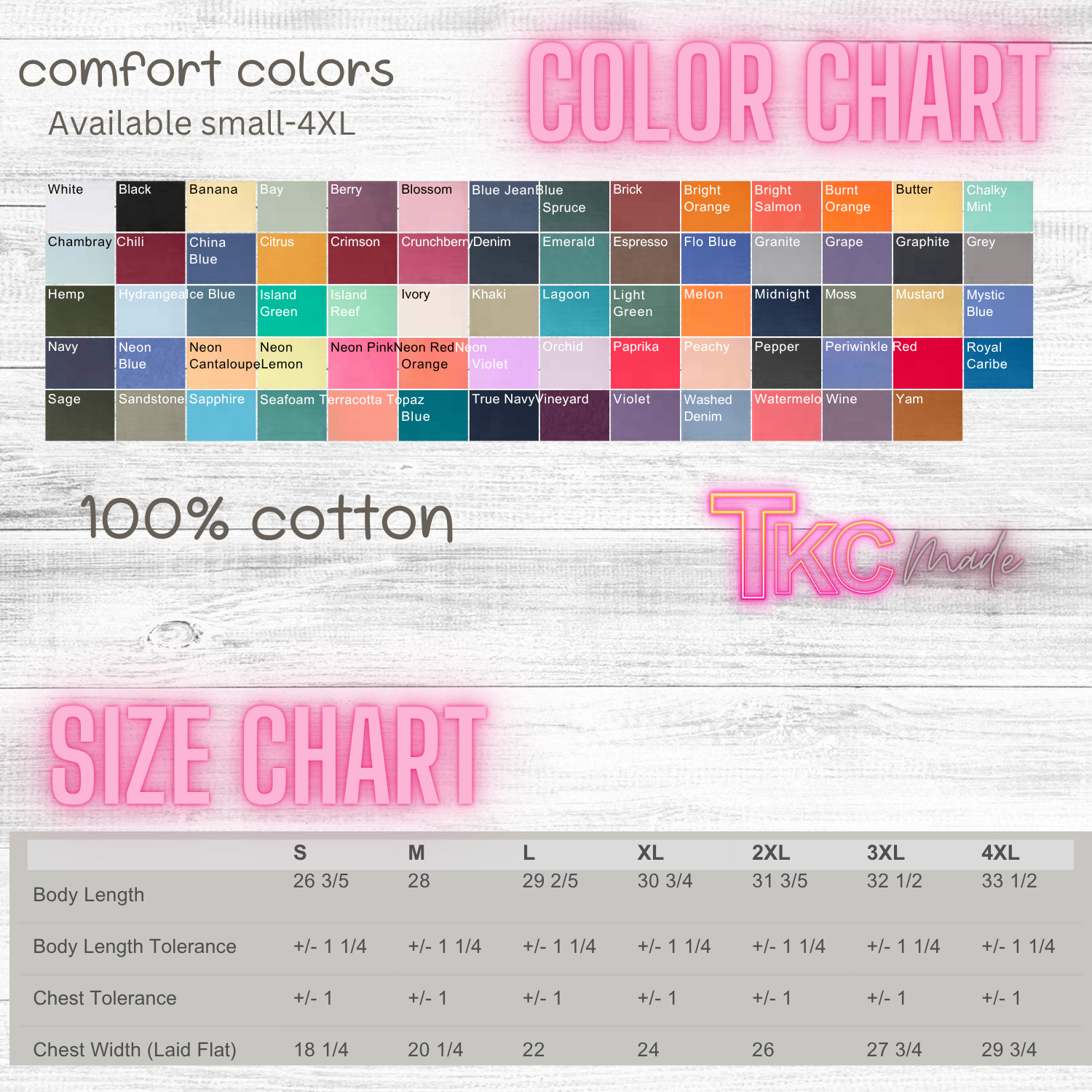 Color chart and size chart for comfort colors with TKC branding on a white background.