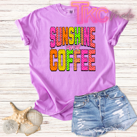 a t shirt with the words sunshine and coffee in bright checkered font
