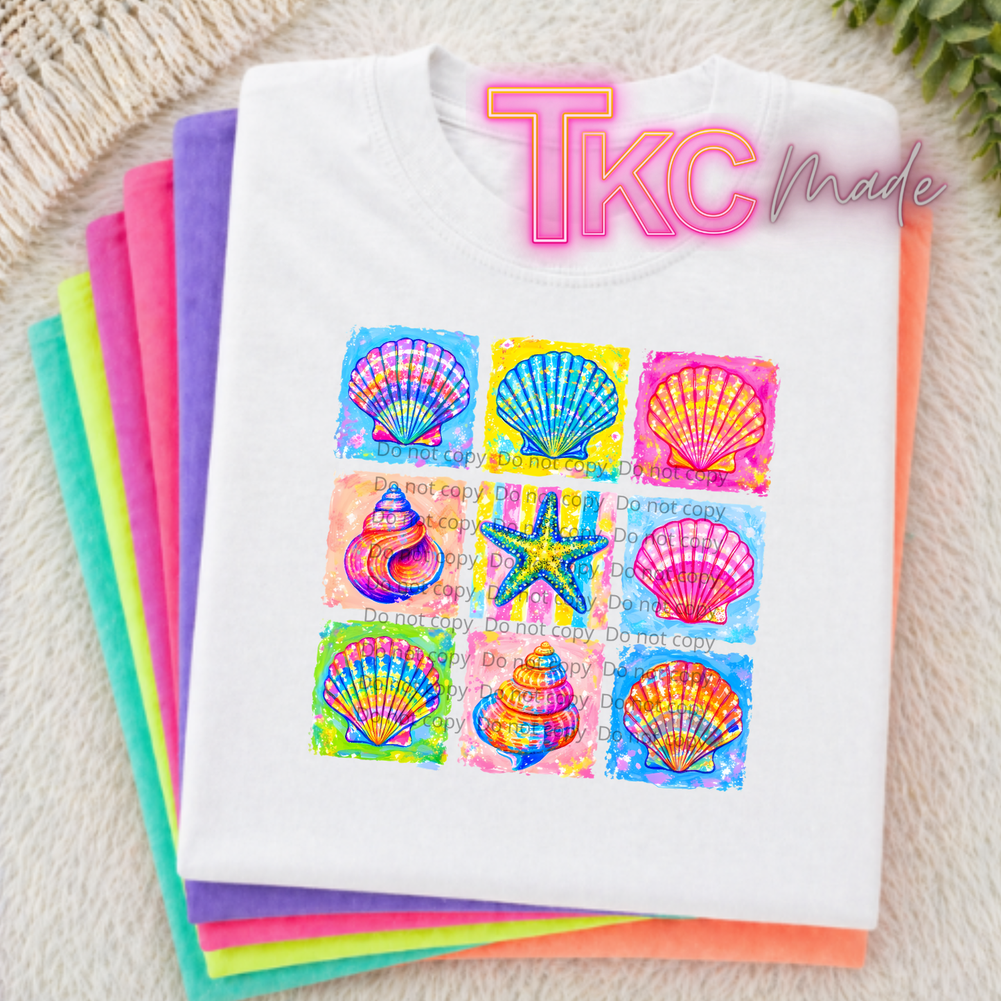 tee shirt with 9 shells in bright colors
