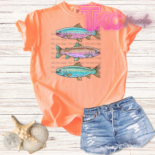 3 colorful trout fish on a neon orange tee