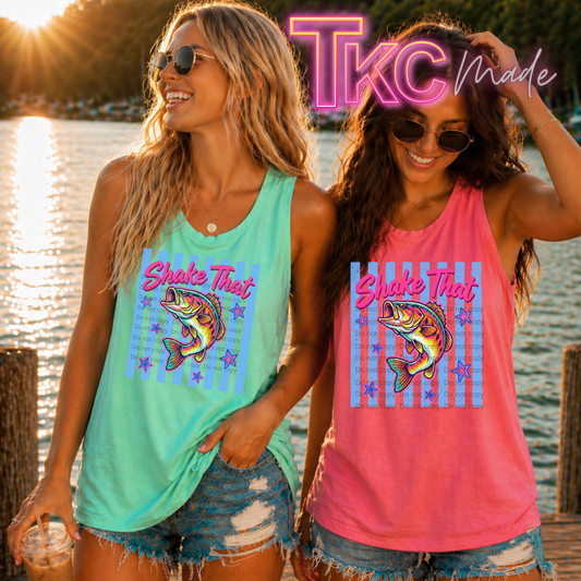 2 tank tops featuring the words shake that with a bass fish under.  with a stripe background and stars