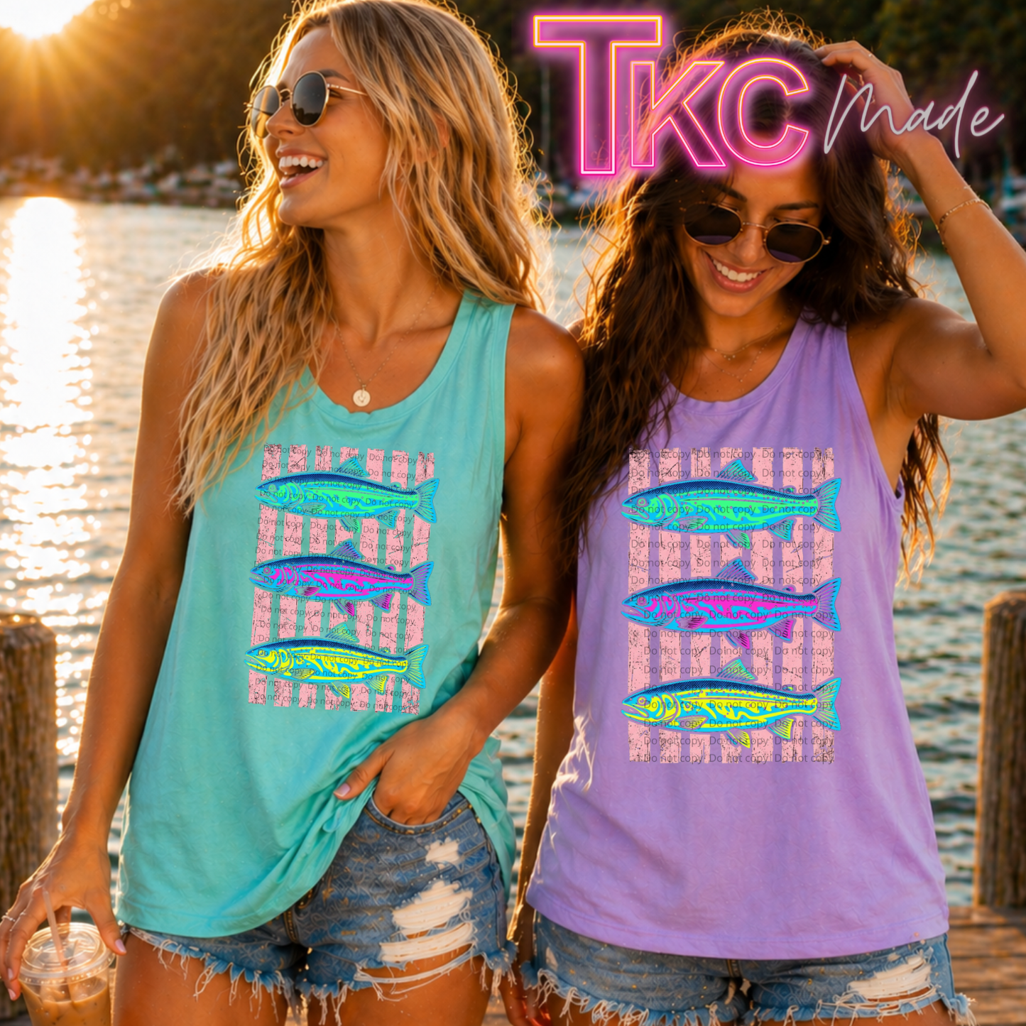 bright colored fish on 2 tank tops with stripes behind