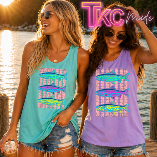 bright colored fish on 2 tank tops with stripes behind