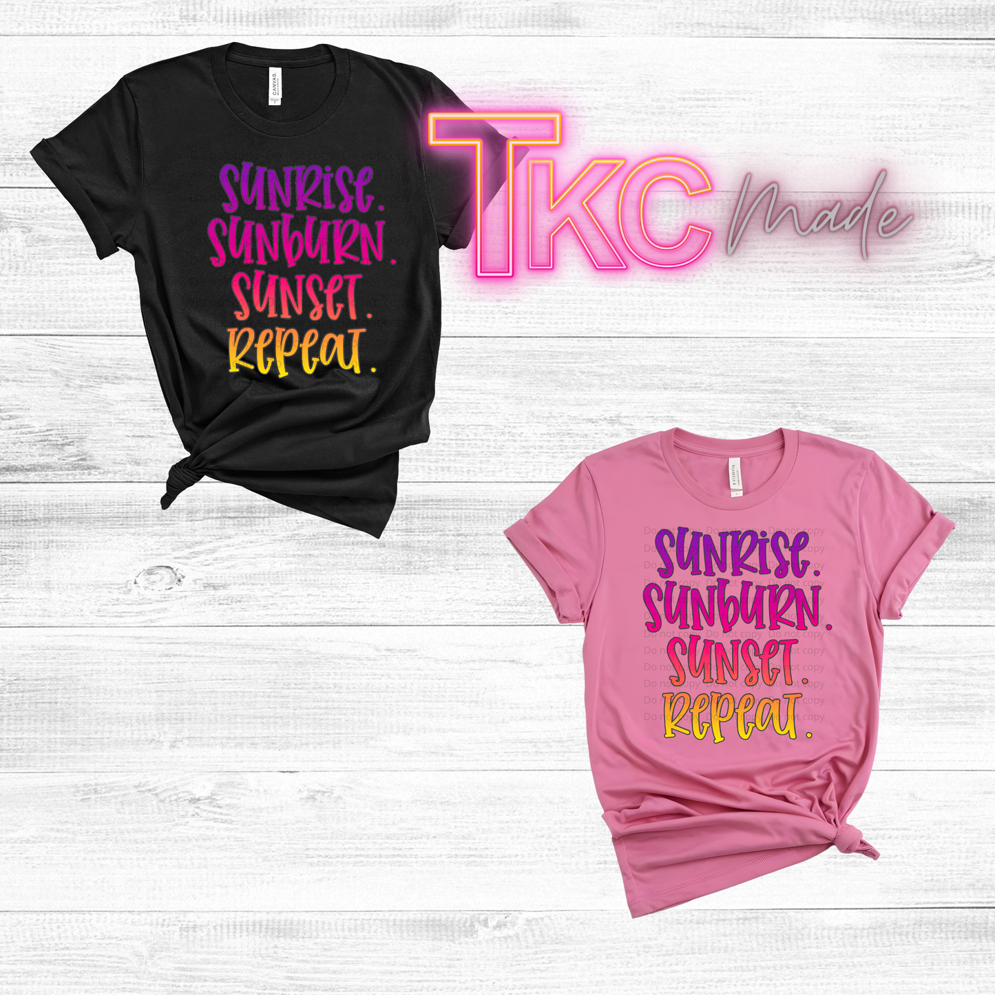Black and pink t-shirts with 'Sunrise. Sunburn.
