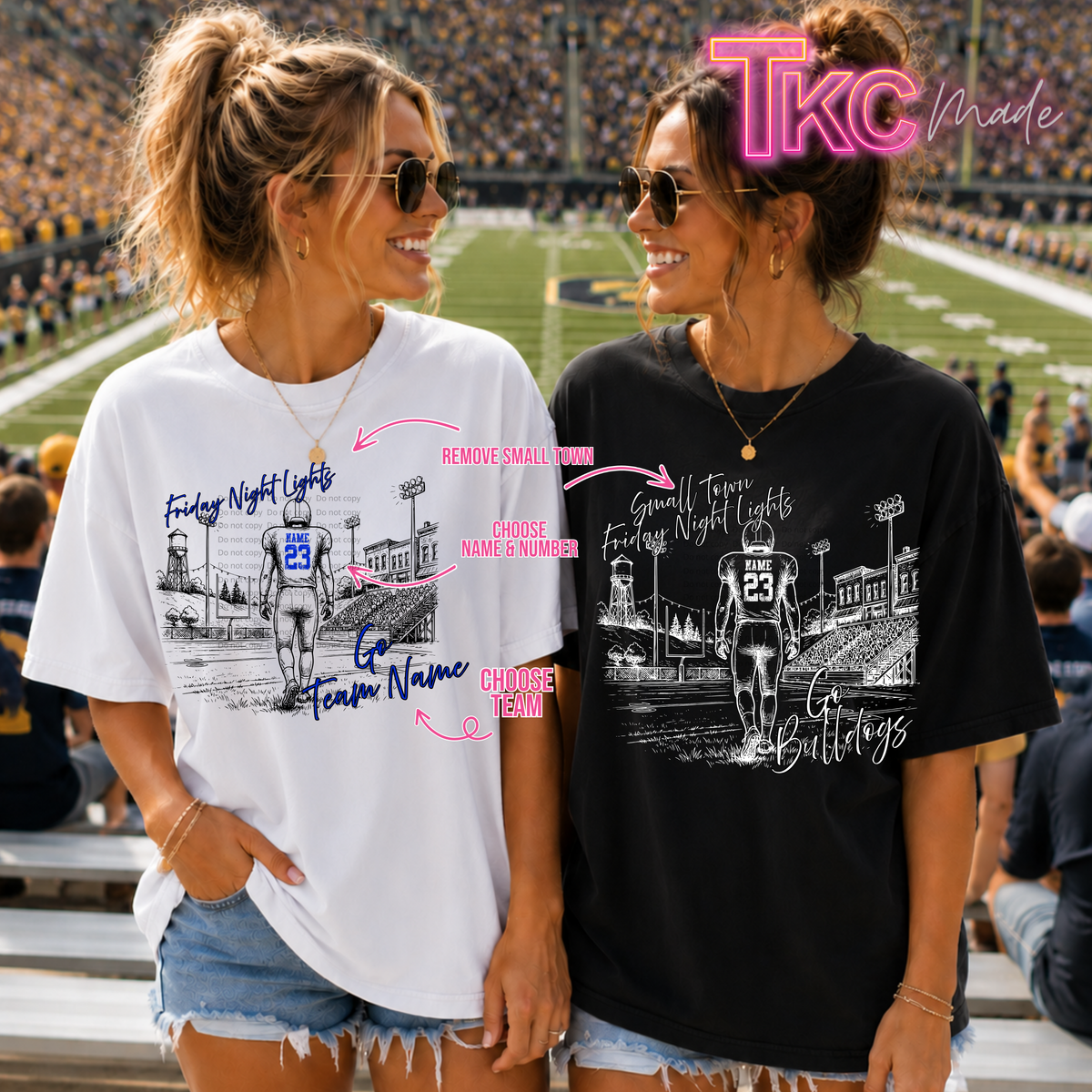 Two women standing in a stadium wearing customizable graphic t-shirts. The woman on the left wears a white t-shirt with a blue and black football player graphic and text, while the woman on the right wears a black t-shirt with a white football player graphic and text.
