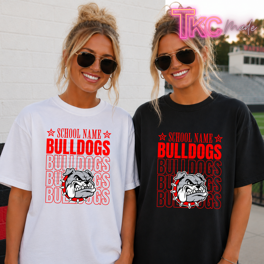 2 girls one in a black shirt one in white with the name Bulldogs repeated on it and a bulldog. At the top it says school name.